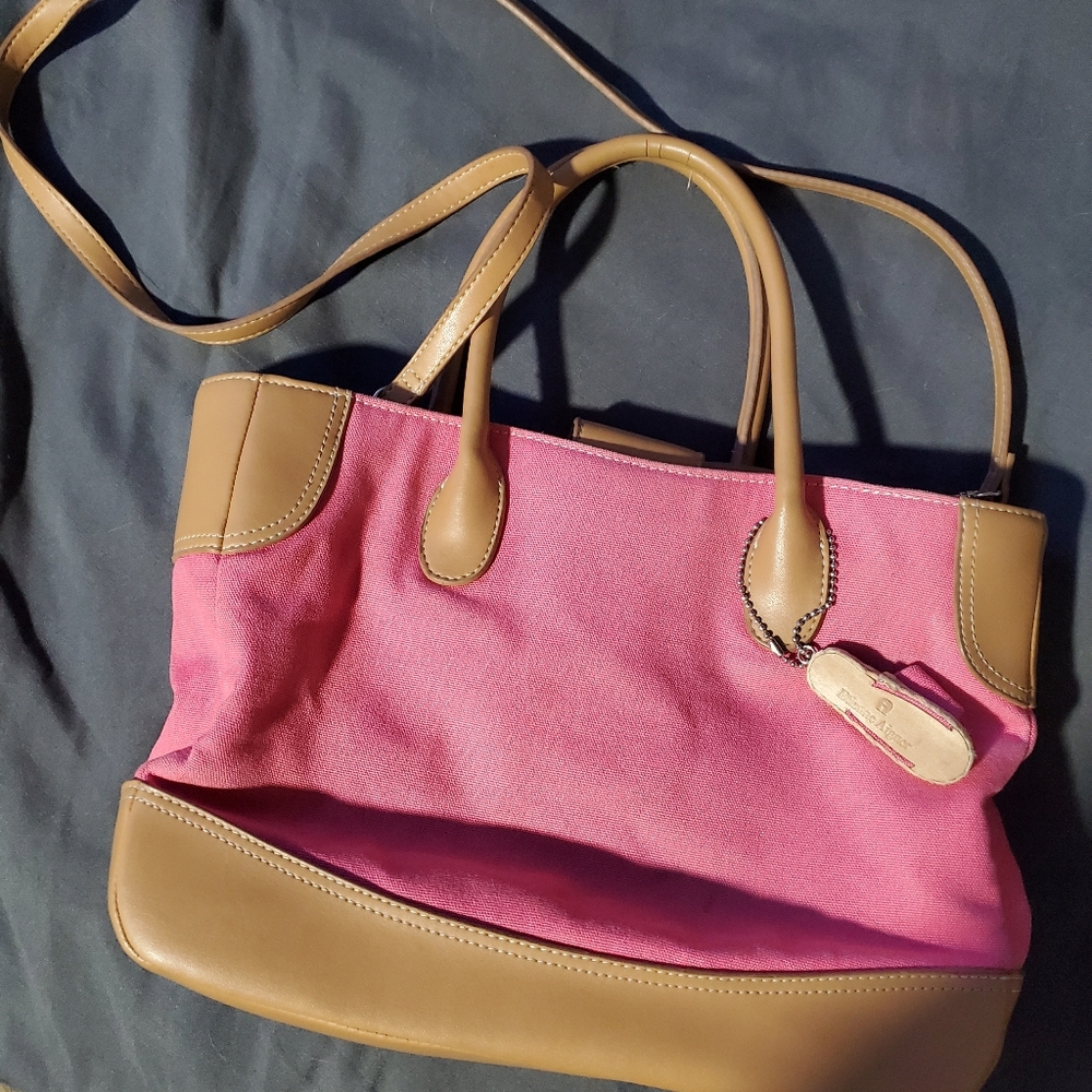 Etienne Aigner Pink Canvas Tote Bag Tan Trim Striped Lining Satchel Shoulder Bag